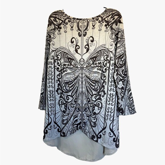 Rose + Olive L 3/4 Sleeve Layered Look Tunic Top Butterfly Back Open Light Blue - Picture 5 of 11